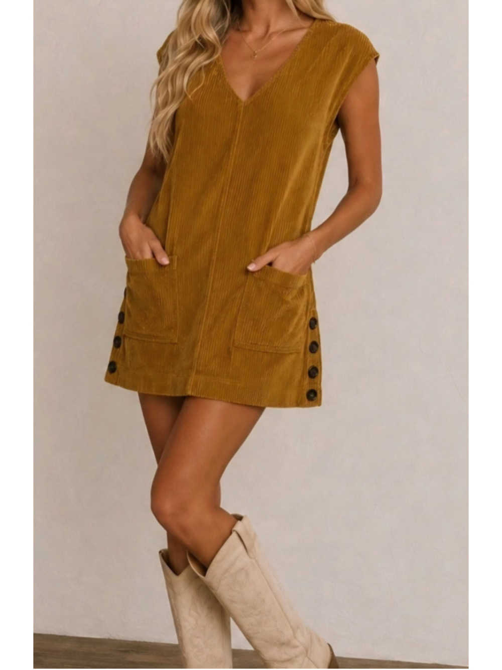 Madewell Corduroy Shift Dress Mustard V Neck Pockets Side Buttons Women's M